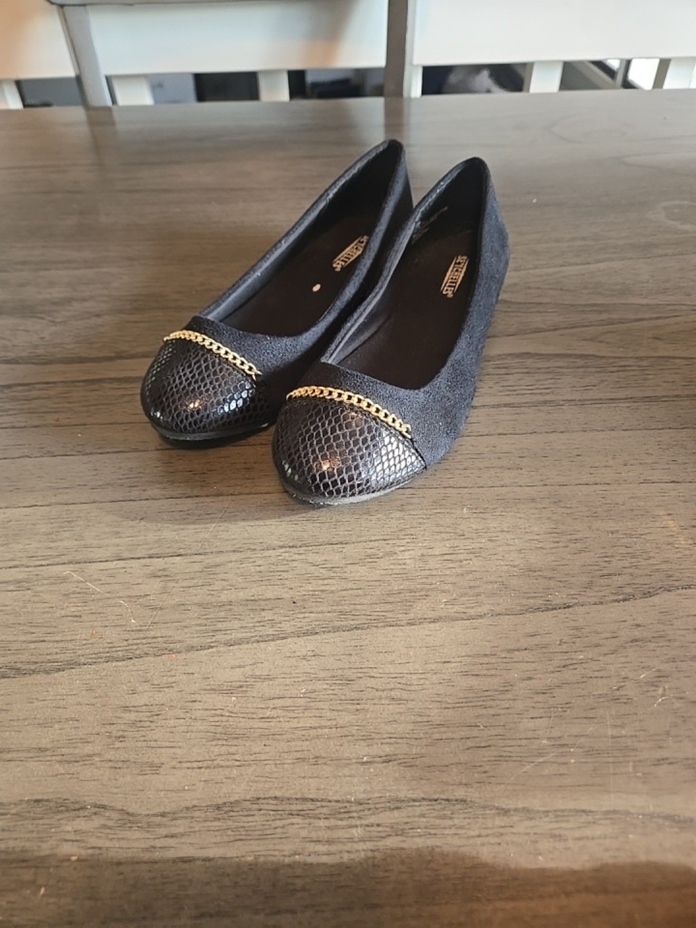 Seychelles Black Ballet Flats with Gold Chain Trim